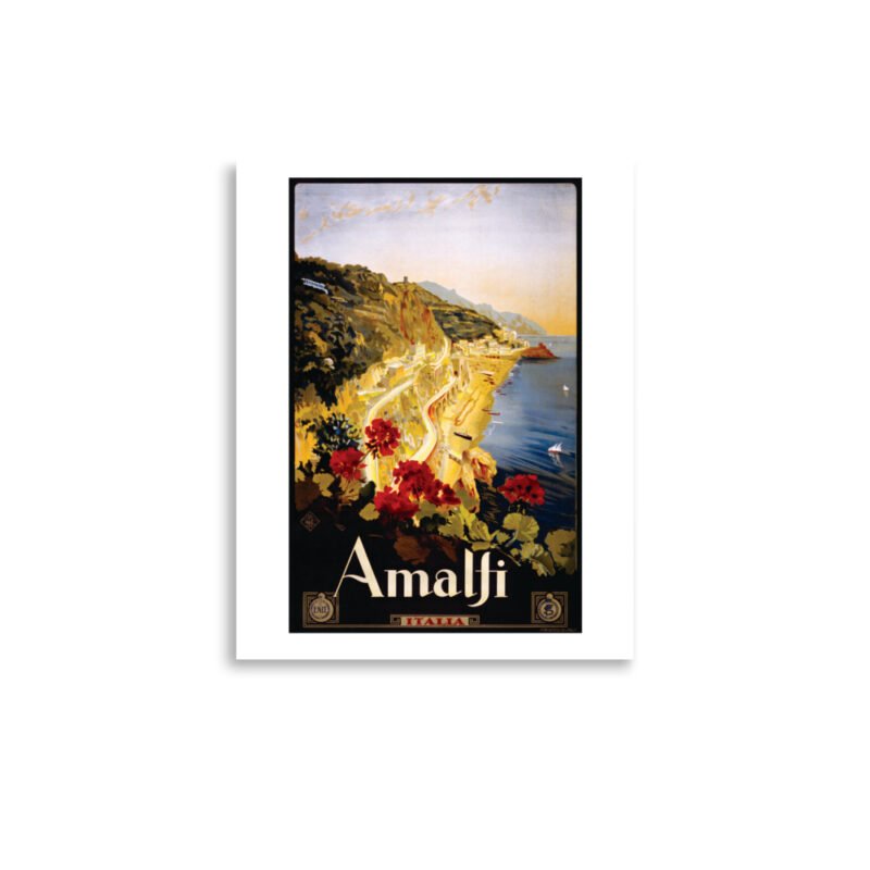 Vintage Italian travel poster, Amalfi. Historic image of the Amalfi coast tourism poster, retro travel print.