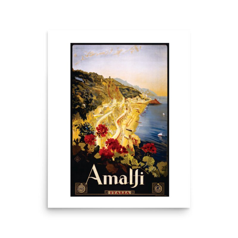 Vintage Italian travel poster, Amalfi. Historic image of the Amalfi coast tourism poster, retro travel print.