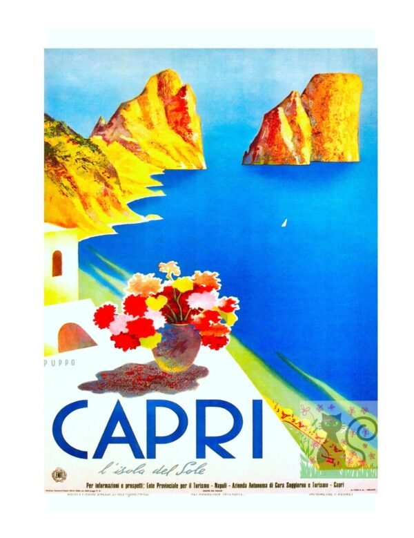 Capri Vintage Art Deco Travel Poster, Vintage World ENIT Italy Tourism Print