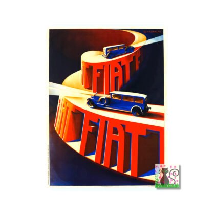 Fiat blue 525 sedan, vintage travel poster, vintage car advert