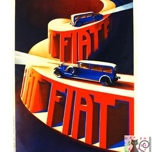 Fiat blue 525 sedan, vintage travel poster, vintage car advert