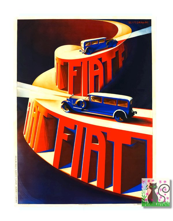 Fiat blue 525 sedan, vintage travel poster, vintage car advert