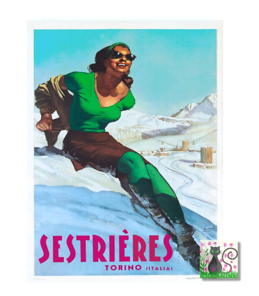 Vintage winter sports poster print of Sestrieres.