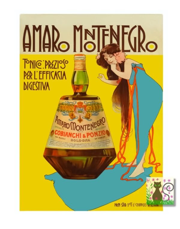 Amaro Monte Negro, Italian Vintage Food & Drink Poster, Restaurant Bar Kitchen Poster Print Art Nouveau Girl with a yellow background