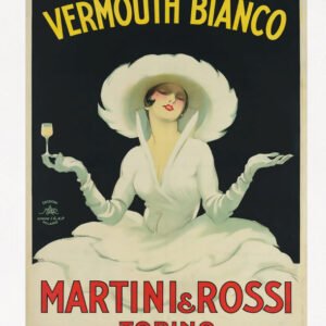 Martini Vermouth Bianco Poster, Vintage Martini & Rossi Printable Art digital download. The vintage Italian drinks poster was features a pre flapper age woman in a beautiful outfit and hat, enjoying a glass of Martini white vermouth.