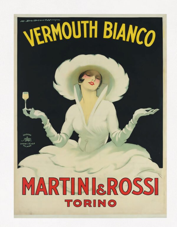 Martini Vermouth Bianco Poster, Vintage Martini & Rossi Printable Art digital download. The vintage Italian drinks poster was features a pre flapper age woman in a beautiful outfit and hat, enjoying a glass of Martini white vermouth.