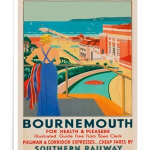 Vintage Bournemouth Poster. Bournemouth travel print tourism advertising poster for Southern Railway pullman and corridor expresses. This art deco style poster advertises train travel to Bournemouth, in the South of England.