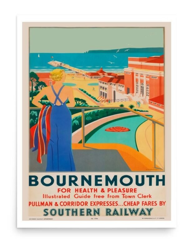 Vintage Bournemouth Poster. Bournemouth travel print tourism advertising poster for Southern Railway pullman and corridor expresses. This art deco style poster advertises train travel to Bournemouth, in the South of England.