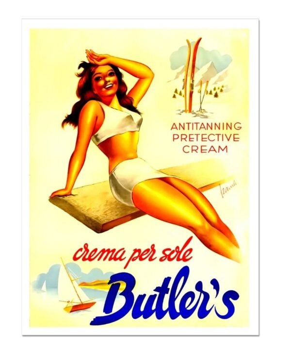 Butlers suncream poster,, vintage beauty poster