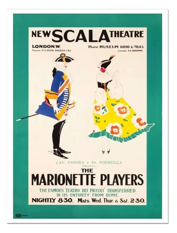 Vintage Theatre Poster, New Scala Theatre, The Marionette Players Poster Print, Historic Theatre Enternainment Poster