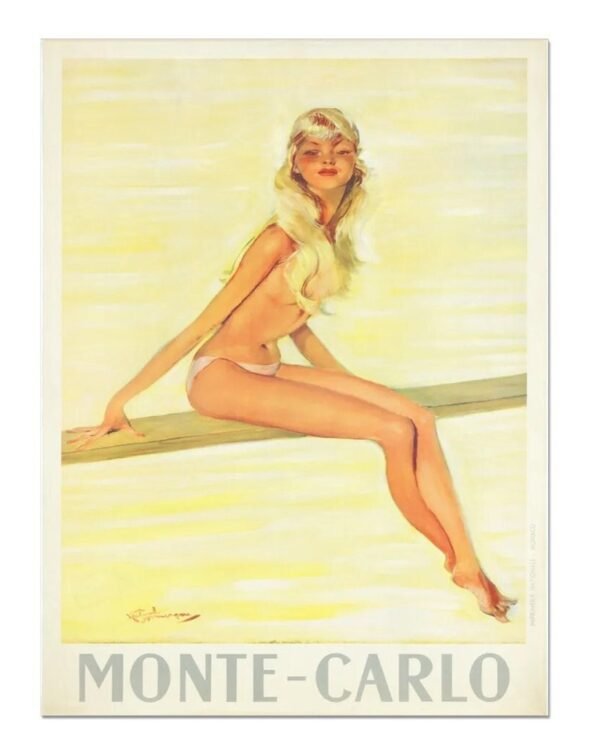 Girl on a board vintage Monaco Monte-Carlo beach poster. Jean Gabriel Domergue