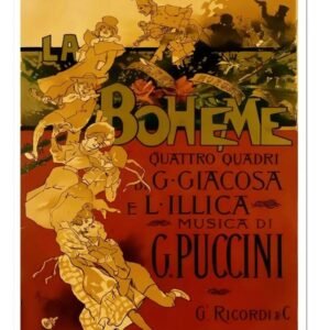 Puccini La Boheme, vintage Italian advertising poster. This vintage theatre opera poster is for the Puccini Opera, La Boheme. The poster encapsulates the glamour of life in times gone by and features scenes from the opera on a red background. The illustration was originally made by Adolf Hohenstein in 1895