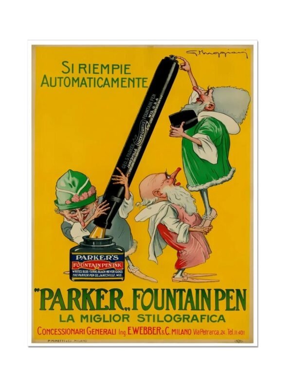 Parker Fountain Pen Vintage Poster, Italian Advertising Advert, Writing Pen Ad Poster, instant digital download.