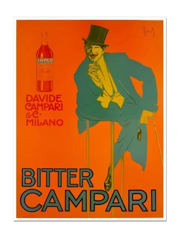 Bitter Campari Vintage Food & Drink Poster, Vintage Italian Drink Advert . Man, seated, in top hat on bright orange background.