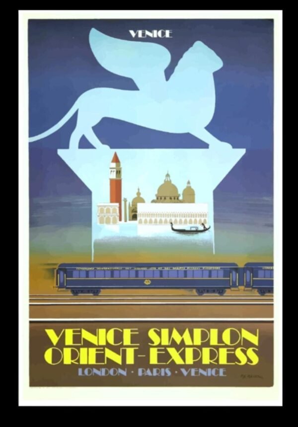 Travel Poster Print Venice . Vintage railway retro travel poster of the Venice Simplon Orient Express, London, Paris, Venice.