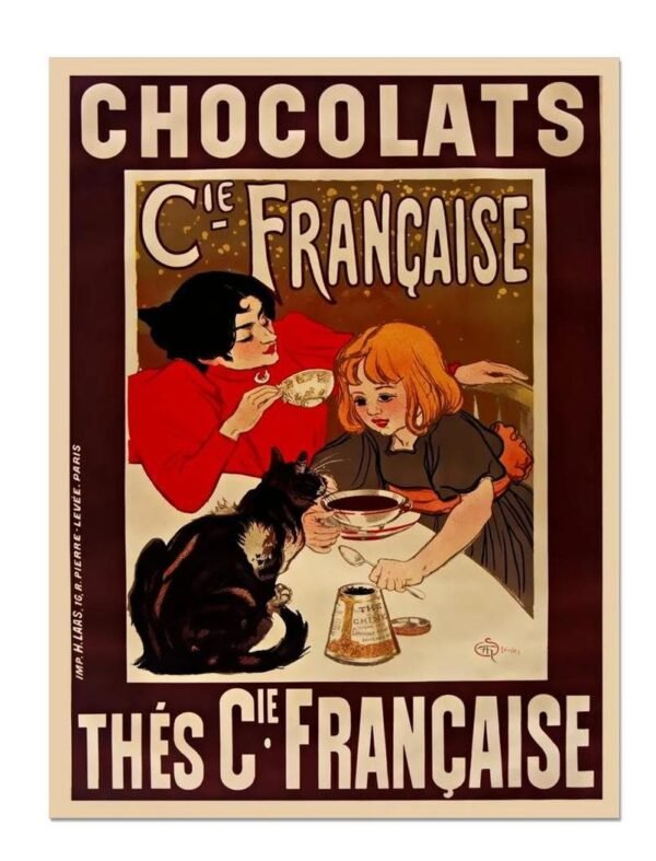 Chocolats, Vintage French Chocolate And Tea, Advertising Poster Print 1895 Steinlen poster of woman drinking Tea and a girl with hot chocolate