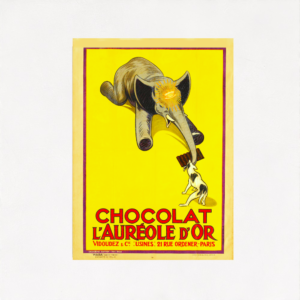 Vintage Chocolate Poster, Chocolat L'Aureole D'or Suchard Advertising Poster Print From 1922 This vintage ad poster is for Suchard Chocolate. The poster shows the charm of life in times gone by and features an elephant, arguing with a dog for a bar of chocolate with a yellow background.