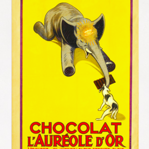 Vintage Chocolate Poster, Chocolat L'Aureole D'or Suchard Advertising Poster Print From 1922 This vintage ad poster is for Suchard Chocolate. The poster shows the charm of life in times gone by and features an elephant, arguing with a dog for a bar of chocolate with a yellow background.