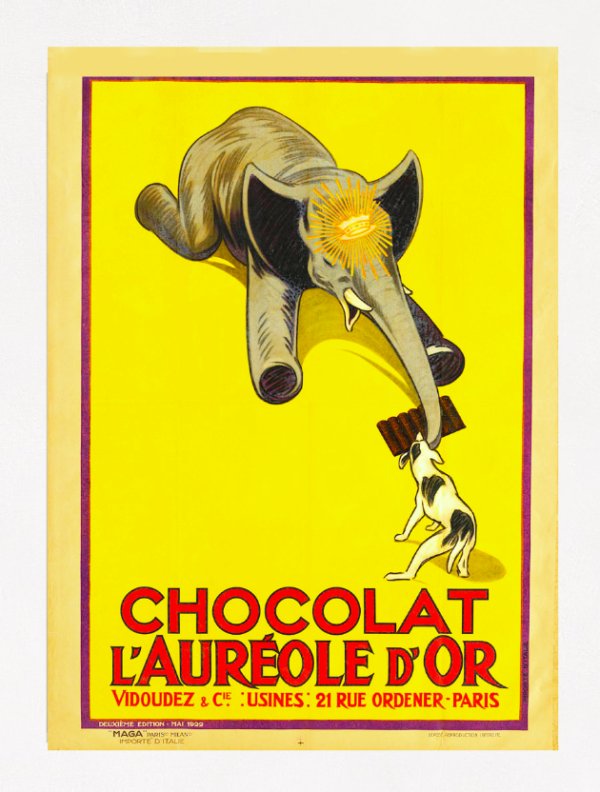 Vintage Chocolate Poster, Chocolat L'Aureole D'or Suchard Advertising Poster Print From 1922 This vintage ad poster is for Suchard Chocolate. The poster shows the charm of life in times gone by and features an elephant, arguing with a dog for a bar of chocolate with a yellow background.