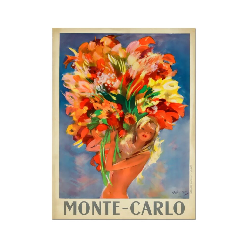 Vintage Monaco poster, girl with flowers, Jean Gabriel Domergue digital download