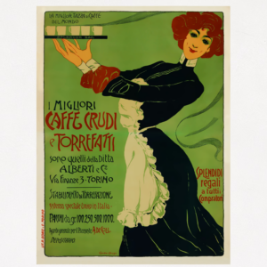 Vintage coffee poster, Caffe Crudi e Torrefatti by Domenico Gaido. Woman holding a tray of steamingcoffee on a bright green background.