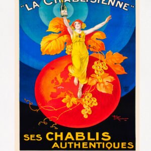 Vintage Drink Poster La Chablisienne French Chablis Wine Print, food & drink advertising poster for digital download. The vintage French alcohol drinks poster features a woman holding a bottle of Chablis wine aloft, brightly dressed standing on the earth and entwined in a grape vine.