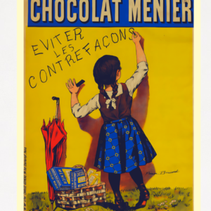 Vintage Chocolate poster. Chocolat Menier featuring a girl with a basket of chocolate drawing on a wall.