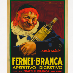 Fernet Branca poster, vintage poster featuring a red haired man holding a bottle of Fernet Branca Liqueur, digestive.