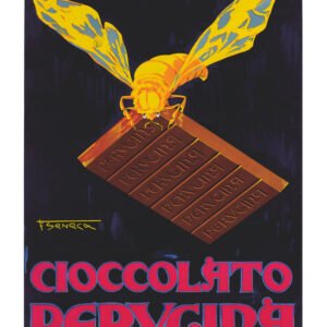 Vintage Perugina Italian Chocolate Poster featuring a Bee carrying a bar of chocolate away.