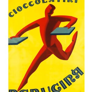 Perugina poster, vintage Italian chocolate poster featuring a male character on a bright yellow background