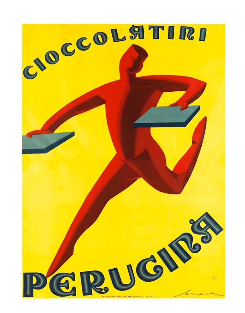 Perugina poster, vintage Italian chocolate poster featuring a male character on a bright yellow background
