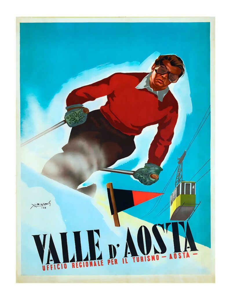 Val DAosta vintage Italian ski poster, winter olympic sports
