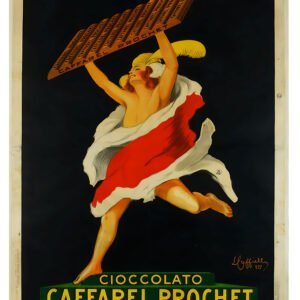 Digitally restored 1922 Leonetto Cappiello poster for Cioccolato Caffarel Prochet Torino featuring a vintage Art Deco character on a solid background, high-resolution digital download.