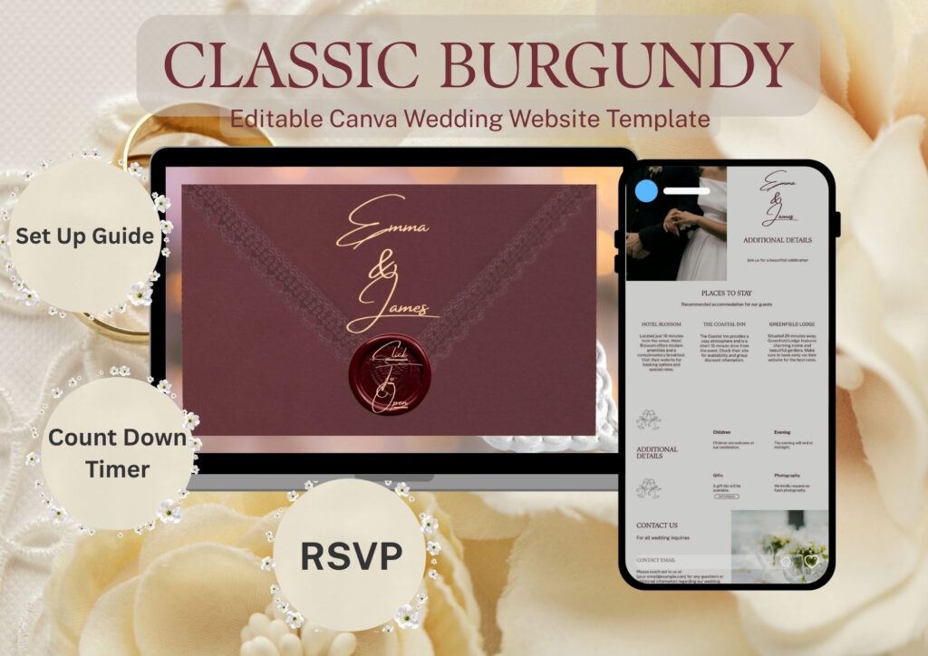 Wedding website template, editable Canva wedding website template in burgundy