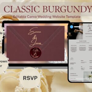 Wedding website template, editable Canva wedding website template in burgundy