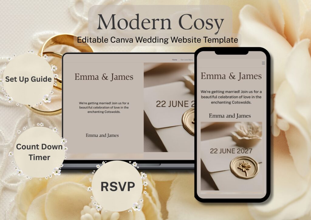 Wedding website template, editable Canva wedding website template in Modern Cosy Theme