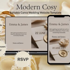 Wedding website template, editable Canva wedding website template in Modern Cosy Theme