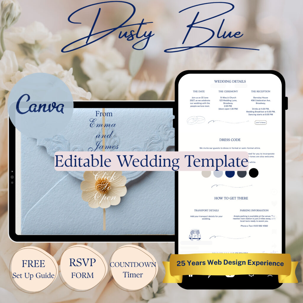 Wedding Atelier | Dusty Blue Wedding Website Template | 6 Page Editable Canva Template