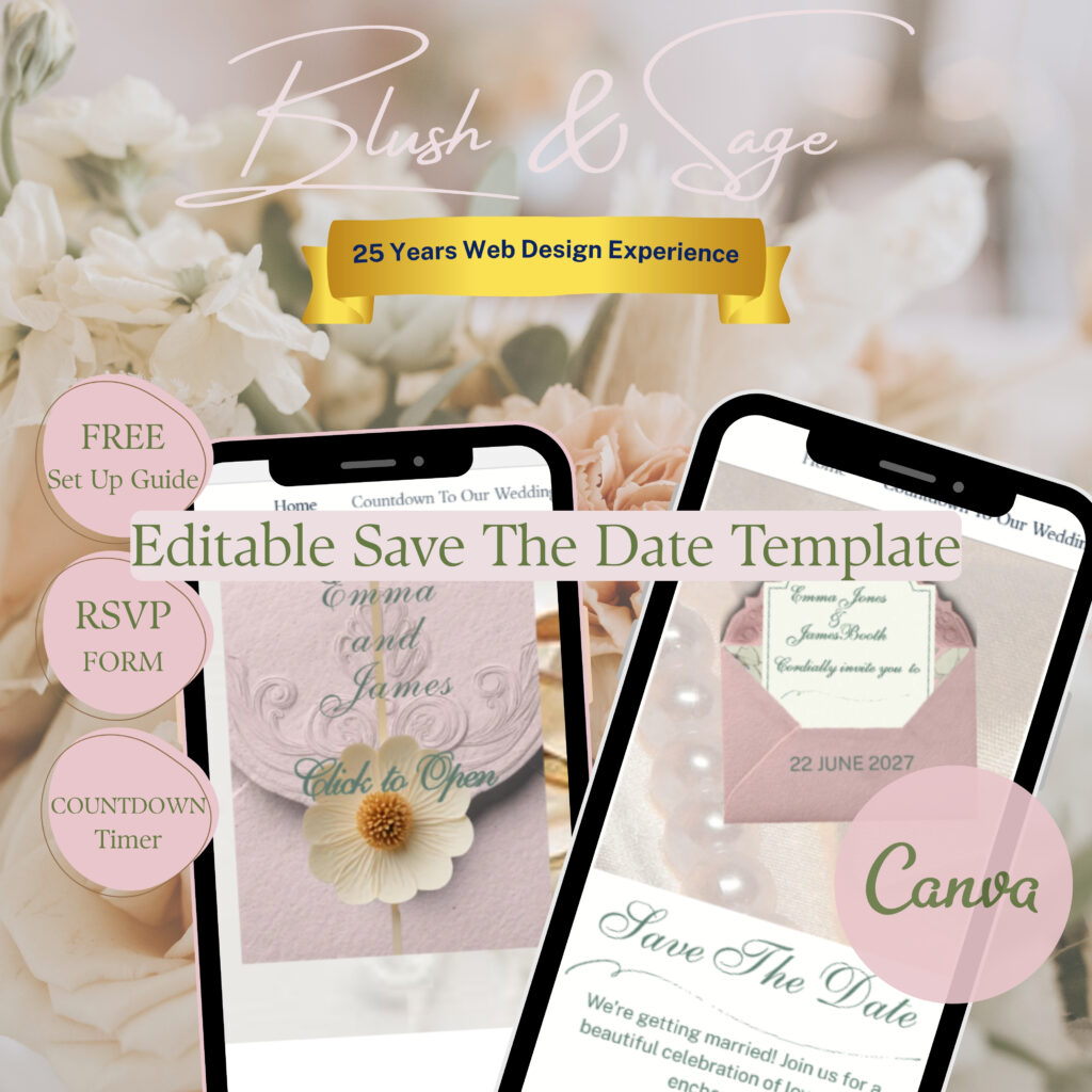 Save the date website template, editable Canva wedding website template in Blush Pink