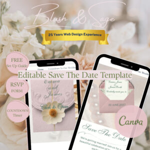 Save the date website template, editable Canva wedding website template in Blush Pink