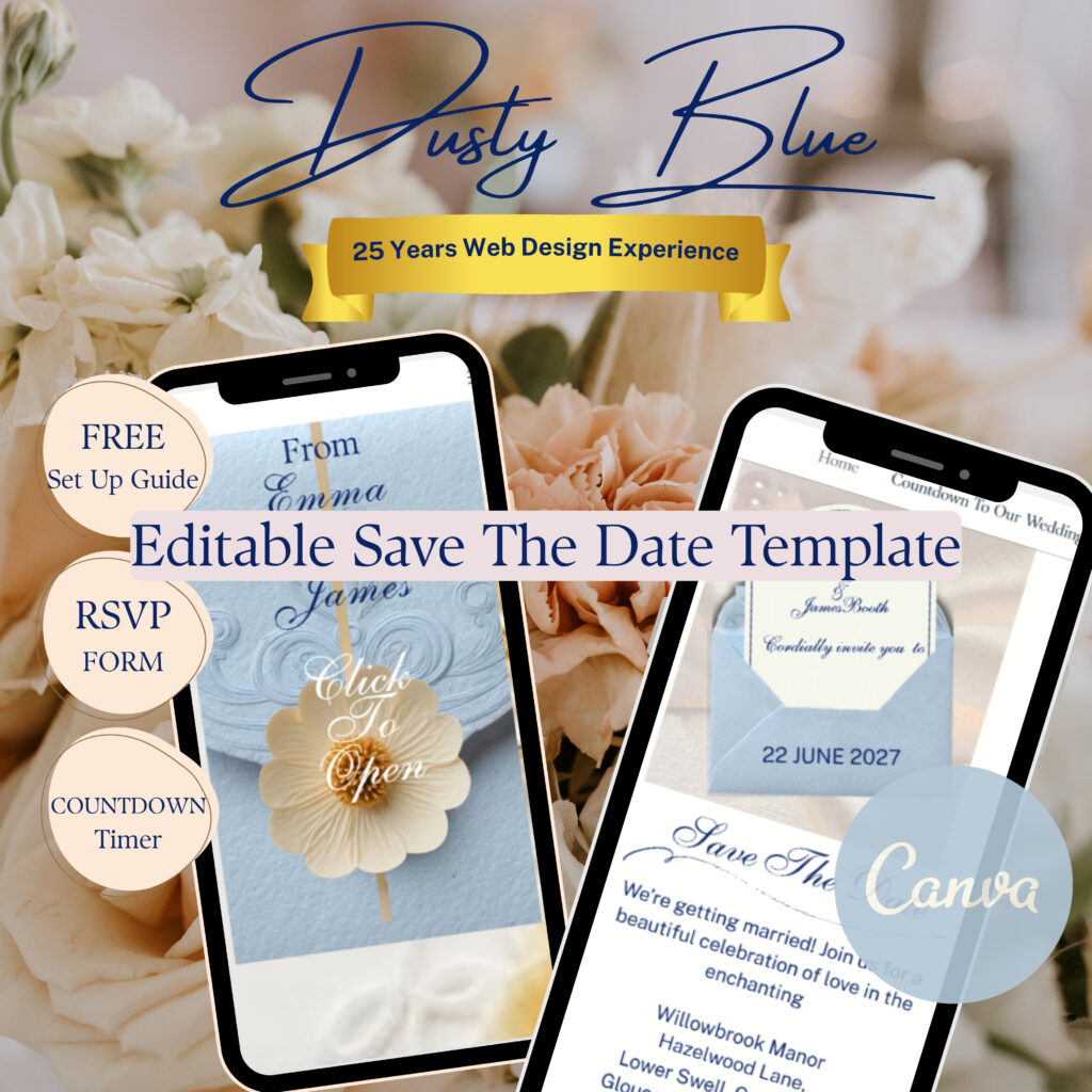 Dusty Blue Save the date editable canva template