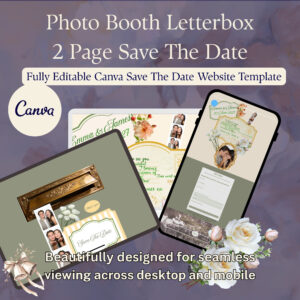 Butter Yellow and Sage green Save the date Canva template with photo booth animation and letterbox