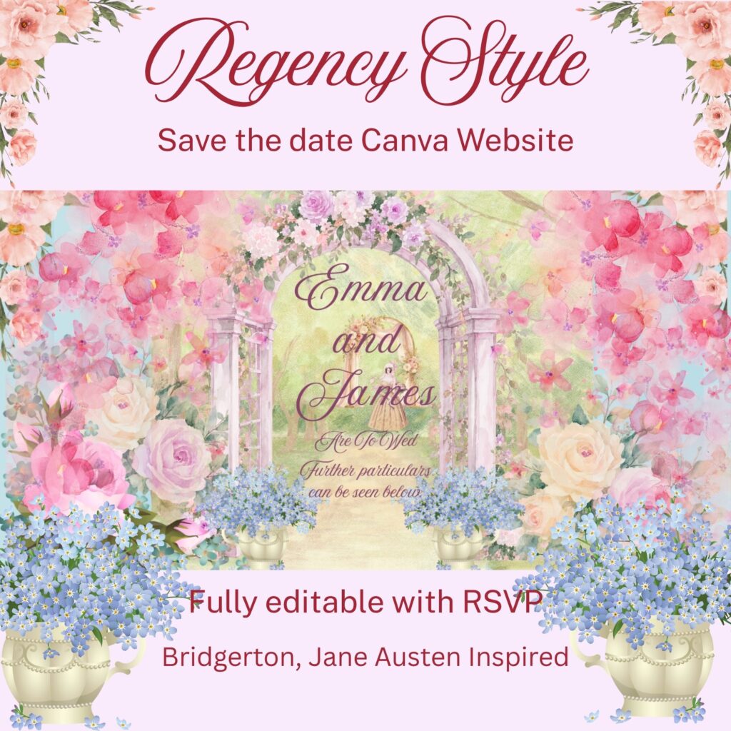 Regency rose garden save the date website template Canva editable