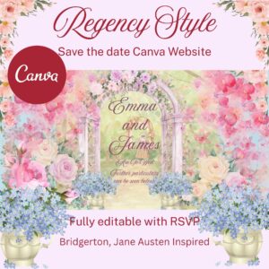 Regency rose garden wedding website template Canva editable design