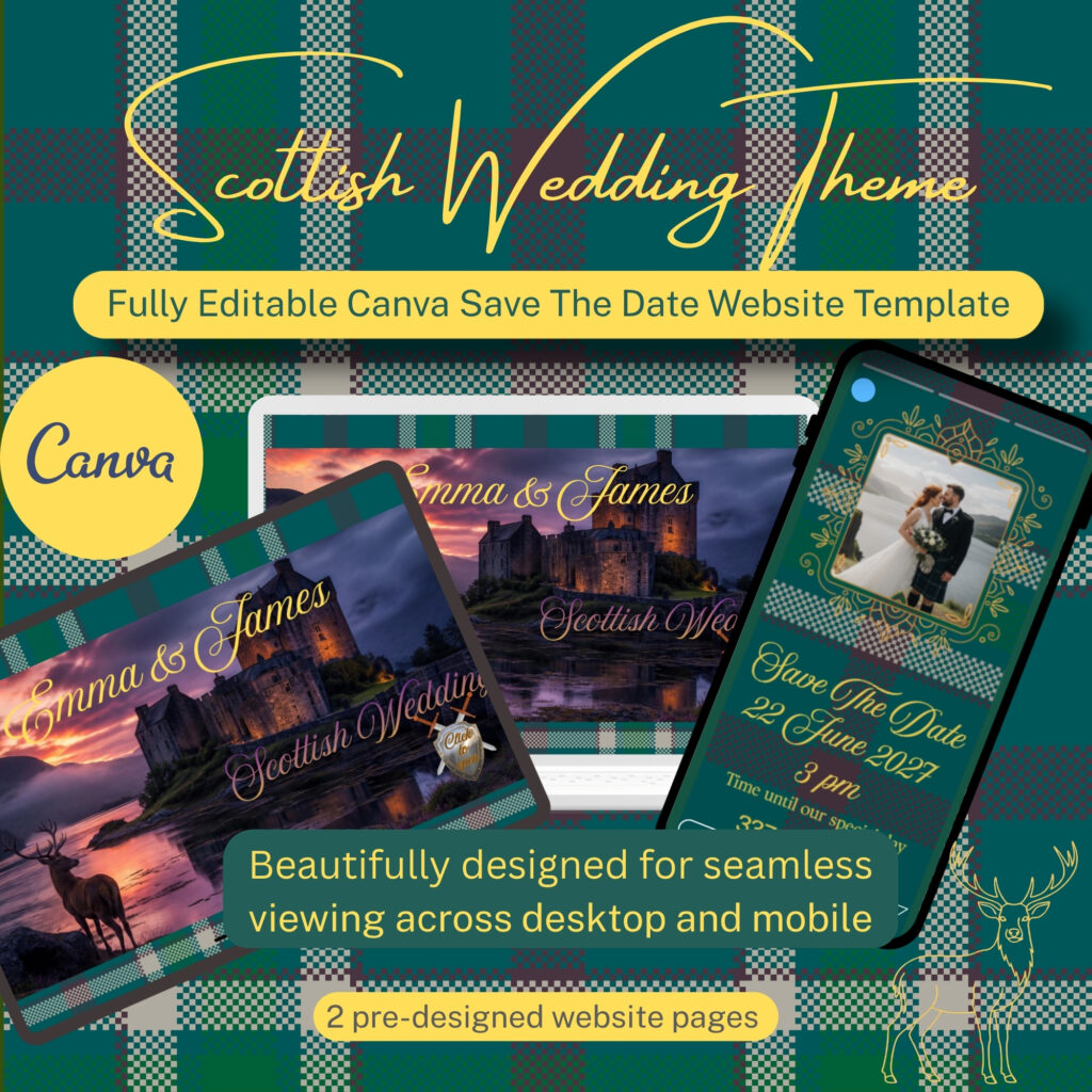 Old Scottish, old money destination wedding save the date Canva website template