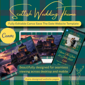 Old Scottish, old money destination wedding save the date Canva website template