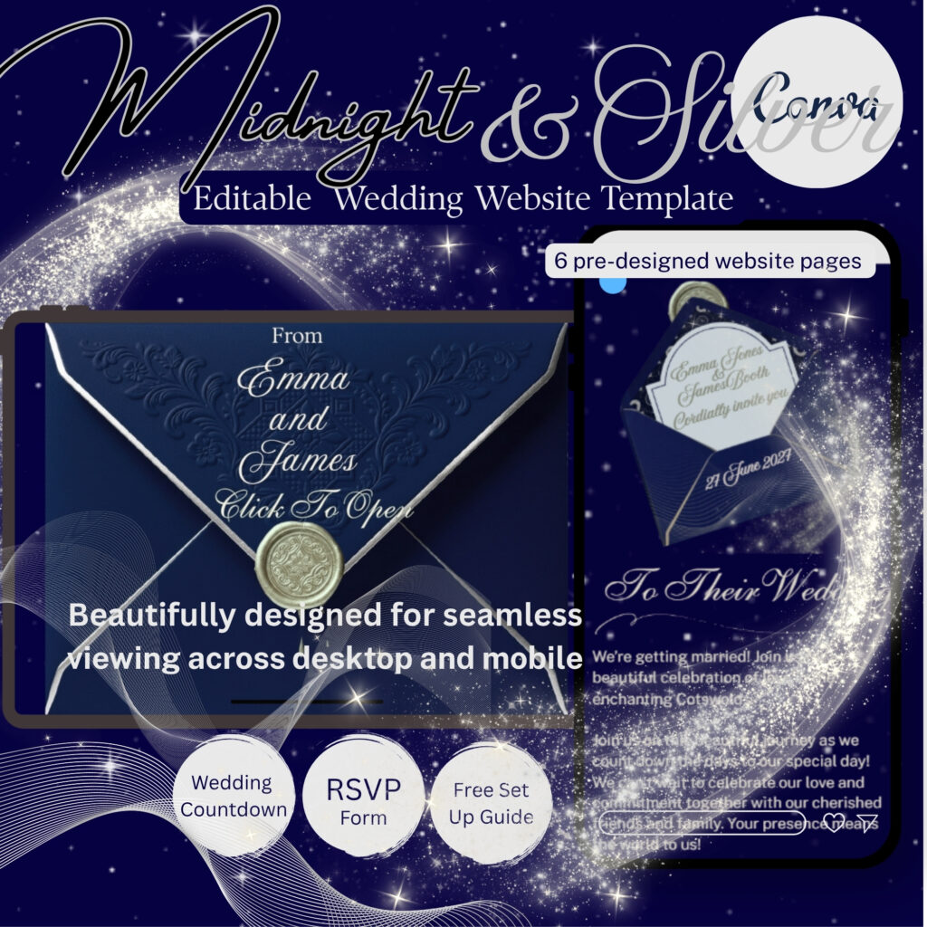 Midnight celestial wedding website template Canva editable design
