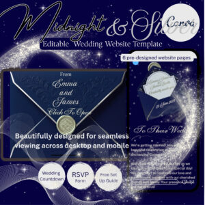 Midnight celestial wedding website template Canva editable design