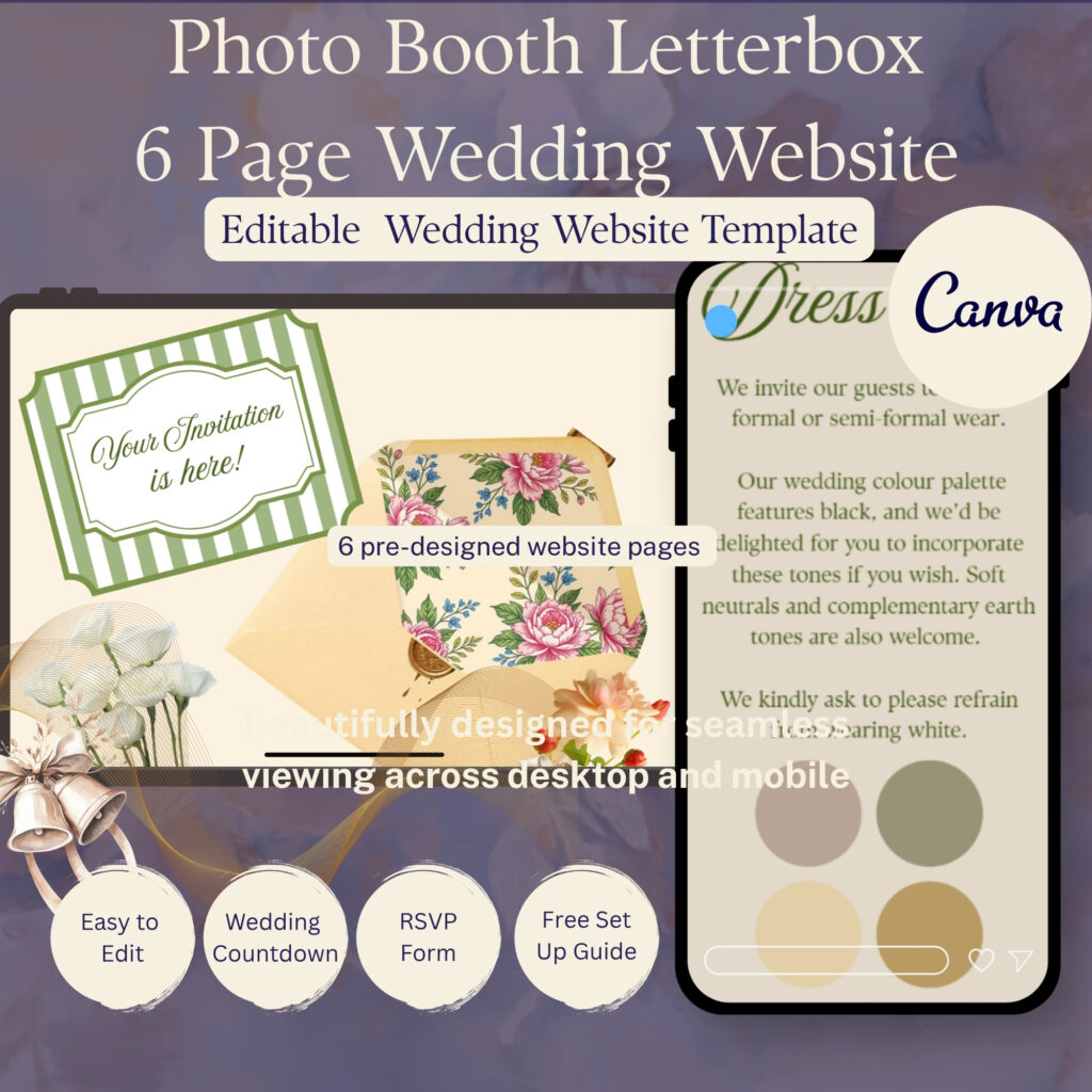 Butter yellow and sage Canva Website template, photo booth and letterbox animation