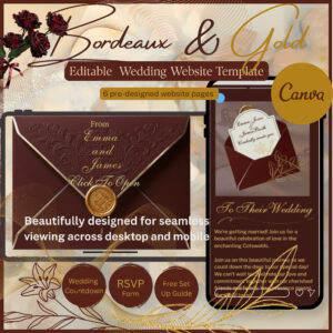 Deep bordeaux wine wedding website template Canva editable design